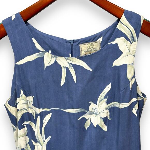 Paradise Originals 100% Silk Hawaiian Sheath Dress Size Medium Sleeveless Blue - Picture 4 of 8